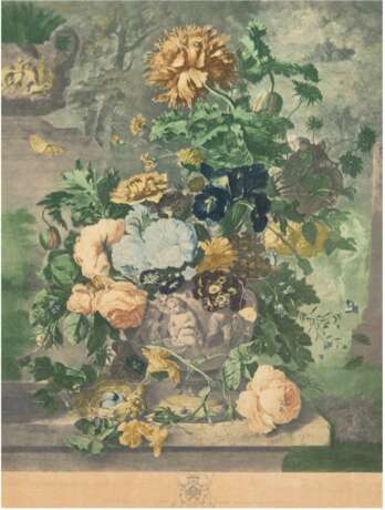 Huysum, Jan van (1682 Amsterdam-1749 ebenda) "Blumenstilleben in skulptierter Vase 1722", Kupferstich 1778, Boydell, John, 52x40 cm, hinter Glas im Rahmen - photo 1