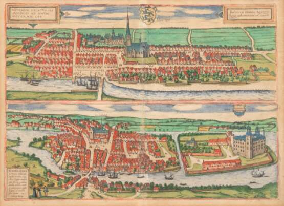 Karte "Husum und Hadersleben", altkolorierter Kupferstich, 1585, min. Farbverluste, 37,5x47,5 cm, im Passepartout hinter Glas und Rahmen - photo 1