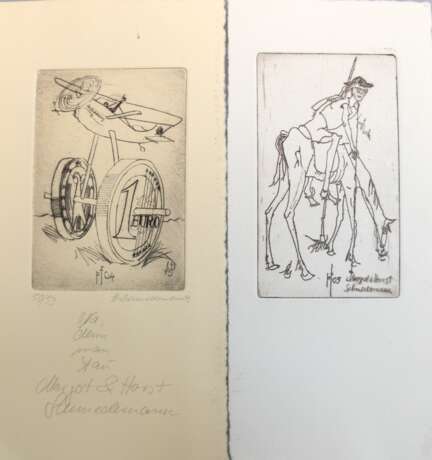 Schmedemann, Horst (1934 Schwerin-2010 Warsow b. Schwerin) 2 Grafiken "Don Quichote", in der Platte sign. und dat. ´05, 10x7 cm und "Eurostart", handschriftlich bez. "Na denn man tau", hands… - photo 1