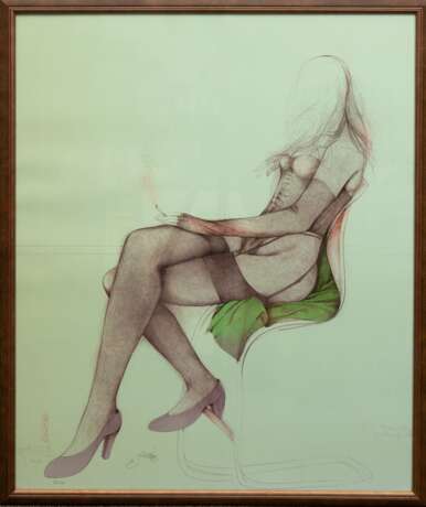 Bruni, Bruno (geb. 1935 in Gradara/Italien) "Donna rilassata", Farblitho von 3 Steinen, 95/ 150, sign., 75,5x60,5 cm, hinter Glas und Rahmen - photo 1