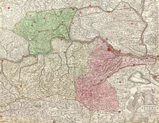 &quot;Landkarte Unter Österreich und Böhmen&quot;, kol. Kupferstich, 17. Jh., 45x56 cm, hinter Glas im Passepartout und Rahmen
