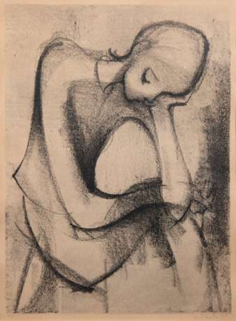 Fuchs, Alfred (1877 Bornich-1954 Sankt Goarshausen) "Sitzende junge Frau, den Arm aufstützend", Grafik, 16/ 25, sign. u.r. und dat. ´71, 47x34 cm, im Passepartout hinter Glas und Rahmen - Foto 1