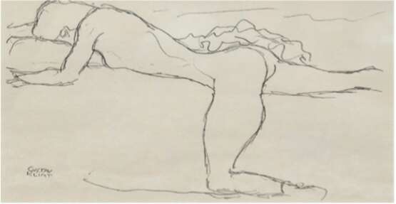 Klimt, Gustav "Kniender, auf einem Bett ruhender Akt nach Linus", Heliogravur, 1916, 14,5x25 cm, im Passepartout hinter Glas und Rahmen - фото 1