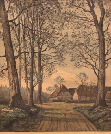 Möller, Peder (1890-1961, Dänischer Maler) "Dorfansicht mit Baumallee", Farbradierung, sign. u.r., 49x39 cm, hinter Glas und Rahmen - Foto 1