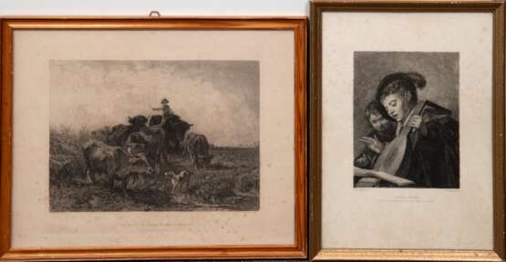 Unger, William (1837-1932) 2 Radierungen "Singende Knaben", nach Frans Hals, Blatt stockfleckig, 27,5x20 cm und "Ochsenreiter mit Herde und Hund", nach Braith, Blatt stockfleckig, 25,5x33 cm, jeweils … - Foto 1