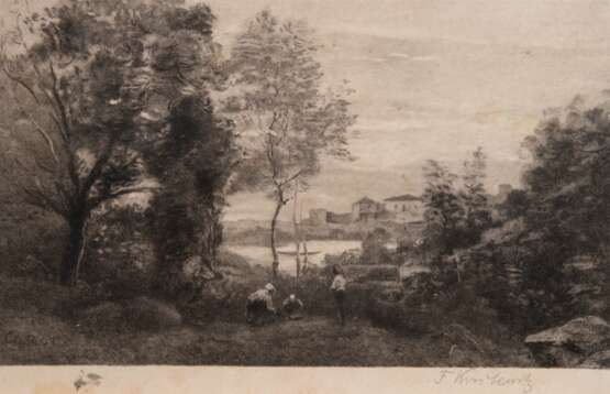 Krostewitz, Fritz (1860 Berlin-1913 ebenda) "Picknick am See", Radierung, handsign. u.r., Blatt min. stockfleckig, 18,5x24,5 cm, im Passepartout hinter Glas und Rahmen - photo 1