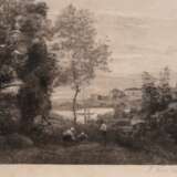 Krostewitz, Fritz (1860 Berlin-1913 ebenda) "Picknick am See", Radierung, handsign. u.r., Blatt min. stockfleckig, 18,5x24,5 cm, im Passepartout hinter Glas und Rahmen - photo 1
