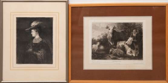Unger, William (1837-1932) 2 Radierungen "Porträt Saskia van Uylenburgh", 17,5x14 cm und "Thierstück", Blatt am Rand stockfleckig, 19x24,5 cm, jeweils im Passepartout hinter Glas und Rahmen - photo 1