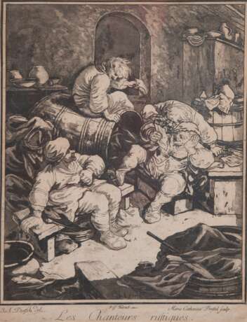 Prestel, Marie Catherine (1774-1794) "Les chanteurs rustiques-Rustikale Sänger", Aquatinta-Radierung, in der Platte sign. und dat. 1775, 34x28 cm, im Passepartout hinter Glas und Rahmen - photo 1