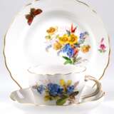 Meissen-Kaffeegedeck, Bunte Blume, naturalistisch, mit Schmetterling, Goldrand, Neuer Ausschnitt, 1. Wahl - фото 1