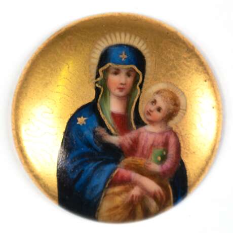 Porzellan-Plakette "Gottesmutter", polychrome Malerei auf goldenem Grund, hinterer Rand mit min. Chip, Dm. 3,5 cm - Foto 1