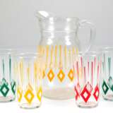 Art-Deco-Saftservice für 4 Personen, farbloses Glas mit buntem Ornamentdekor, bestehend aus Kanne, H. 21 cm und 4 Gläsern, H. 12 cm - Foto 1