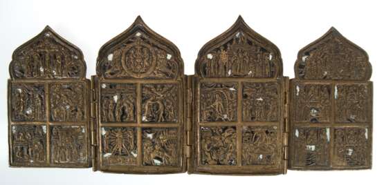 Reiseikone, Rußland 19. Jh., Bronze, reliefierte, sakrale Darstellungen, Reste von Emaillierung, 4-flügelig, 16,5x10,5/39 cm - Foto 1