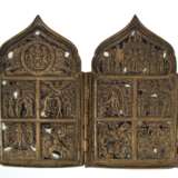 Reiseikone, Rußland 19. Jh., Bronze, reliefierte, sakrale Darstellungen, Reste von Emaillierung, 4-flügelig, 16,5x10,5/39 cm - Foto 1