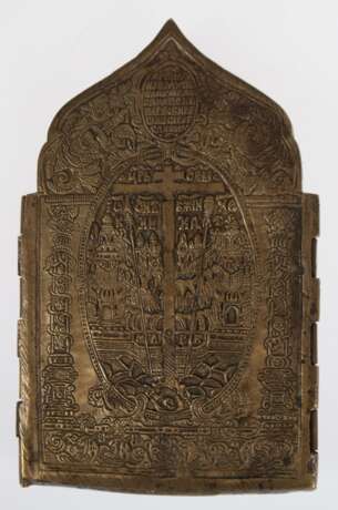 Reiseikone, Rußland 19. Jh., Bronze, reliefierte, sakrale Darstellungen, Reste von Emaillierung, 4-flügelig, 16,5x10,5/39 cm - Foto 2