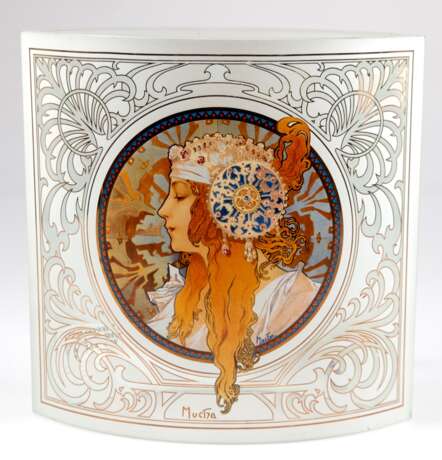 Tischlampe, 1-flammig, Mucha "Byzanthine Heads, Blonde", Bonn 2006, satiniertes Glas mit farbigem Dekor, 25x25x10,5 cm - photo 1