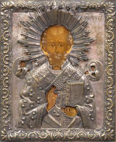 Ikone "Heiliger Nikolaus", versilbertes Oklad, Anf. 19. Jh., 28x22 cm - photo 1