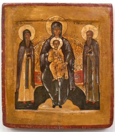 Ikone "Gottesmutter von Kiew", mit 2 Mönchsheiligen Anthonij und Feodosij, Anf. 18. Jh., Eitempera/ Holz, Hintergrund vergoldet, 30,5x26,5 cm - photo 1