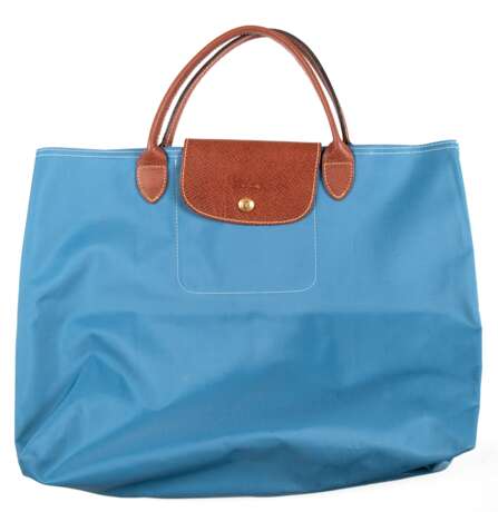 Tasche, Longchamp Le Pliage "Cabas"- Modele Depose, in Türkis, Lederhenkel und -schließe mit Prägedruck, min. Gebrauchspuren, ca. 30x36x14 cm - photo 1