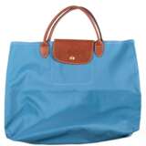 Tasche, Longchamp Le Pliage "Cabas"- Modele Depose, in Türkis, Lederhenkel und -schließe mit Prägedruck, min. Gebrauchspuren, ca. 30x36x14 cm - photo 1