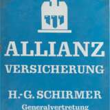 Emaille-Reklameschild "Allianz", hellblau mit weißer Schrift "Allianz Versicherung - H.-G. Schirmer - Generalvertretung", seitl. Fehlstelle, 43,5x32x1 cm - photo 1