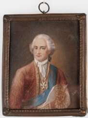 Miniatur &quot;Porträt von Stanislaus II. August Poniatowski&quot;, letzter polnischer König, Gouache, signiert &quot;Jalezky&quot;, um 1790, hinter Glas im reliefierten Kupferrahmen, ges. 9x7,5 cm