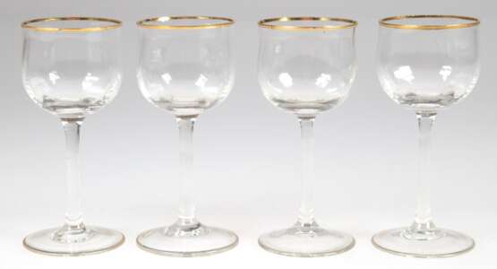 4 Jugendstil-Likörgläser, Klarglas mit Goldrand, H. 12 cm - Foto 1
