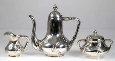 Kaffeekernstück, 3-teilig, 800er Silber, punziert Pallotti, ca. 1212 g, geschweift gerippte Wandung, Kaffeekanne etwas gedellt