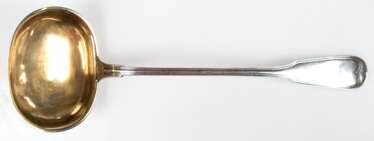 Große Kelle, 750er Silber, Laffe vergoldet, Augsburger Faden, R. Höer, ca. 1870-88, 176 g, L. 34 cm