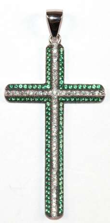 Kreuz-Anhänger, 925er Silber, rhodiniert, smaragdfarbene und brillante, weiße Zirkonia in feiner Qualität, Maße mit Öse ca. 4,9 x 2,4 cm - Foto 1