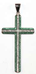 Kreuz-Anhänger, 925er Silber, rhodiniert, smaragdfarbene und brillante, weiße Zirkonia in feiner Qualität, Maße mit Öse ca. 4,9 x 2,4 cm