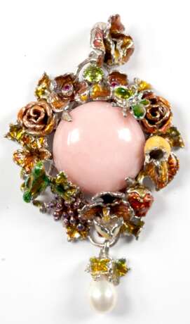 Großer Anhänger,925er Silber, farbig emailliert, mit großem Pink-Opal, Darstellungen aus Flora und Fauna, z.B. Rosen, Orchideen, Blattwerk, einem Vogel und Schmetterling, Obst u.v.m., echte Perle, Rubine, Peridot, Opal … - photo 1