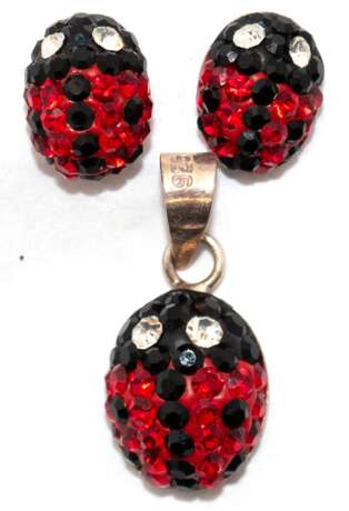 Schmuck-Set, bestehend aus Ohrstecker und Anhänger "Marienkäfer", 925er Silber, mit kleinen Glaskristallen besetzt - photo 1