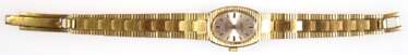 Damen-Armbanduhr &quot;Lanco&quot;, Handaufzug, 17 Jewels, Incabloc, Swiss made, ovales perlmuttfarbenes Zifferblatt mit Stabindizes, gangfähig, goldfarbenes Gehäuse, 2,2x1,8 cm, Gliederarmband, L. 16 cm