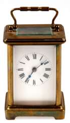 Reiseuhr, Frankreich um 1880, Messinggehäuse, 5-seitig verglast, mit Klappbügel, Funktion nicht geprüft, 11,5x8x6,5 cm