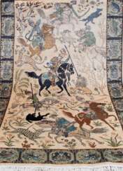 Täbriz, Bild-Teppich, hellgrundig mit vielfigurigen Jagdszenen, blaugrundiger Rang mit Vogeldarstellungen, 250x150 cm