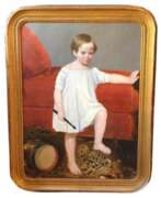 Übersicht. 18th Century Oil Painting of Child with Tambourine Walking on a Panthera