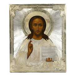 Icon of the Lord Almighty with a silver frame. P.A. Ovchinnikov firm. Moscow, 1866