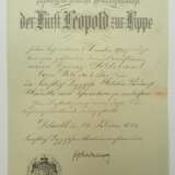 Lippe-Detmold: Militärverdienstmedaille, mit Schwertern Urkunde für einen Landsturmmann beim Stab der 9. Kav. Div. - photo 1