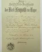 Historische Gegenstände. Lippe-Detmold: Militärverdienstmedaille, mit Schwertern Urkunde für einen Landsturmmann beim Stab der 9. Kav. Div.