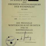 Medaille Winterschlacht im Osten Urkunde für einen Oberw. d. SchP. d. Res. beim Kommando der Schutzpolizei Mogilew. - фото 1