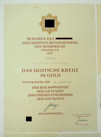 Urkundennachlass eines Feldwebel und Deutsches Kreuz in Gold Träger des K.G. 51 / Edelweiß Geschwader. - photo 2