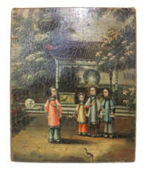 Anonyme Malerei mit Darstellung dreier Kinder und einer Dame vor einem Pavillon