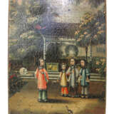 Anonyme Malerei mit Darstellung dreier Kinder und einer Dame vor einem Pavillon - photo 1