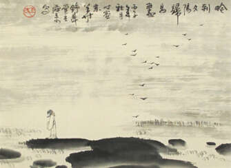 Malerei eines Gelehrten beim Betrachten eines Vogelschwarms
