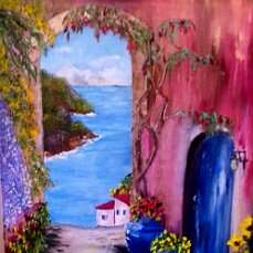 “Patio by the sea” Canvas Oil paint Expressionist Landscape painting 2019 - photo 1