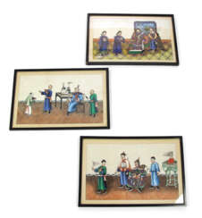 Drei Reisblattmalereien mit figürlichen Szenen
