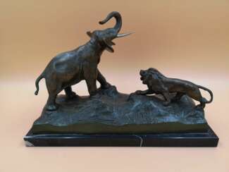 Antique bronze figure Elephant and Lion