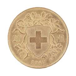 Pi&egrave;ce d`or de 20 francs suisses. 1947. 