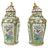 Paar Deckelvasen aus Porzellan mit Vögeln und Blumen in Kartuschen, Drachen und Löwenknauf - Foto 1